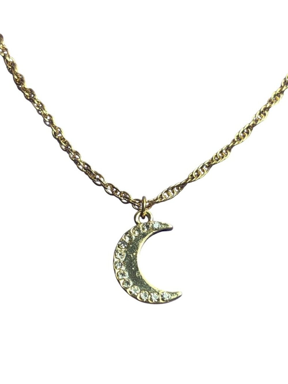 Goldtone Crescent Moon Pendant Necklace Rhinestones Rope Chain Lobster Clasp
